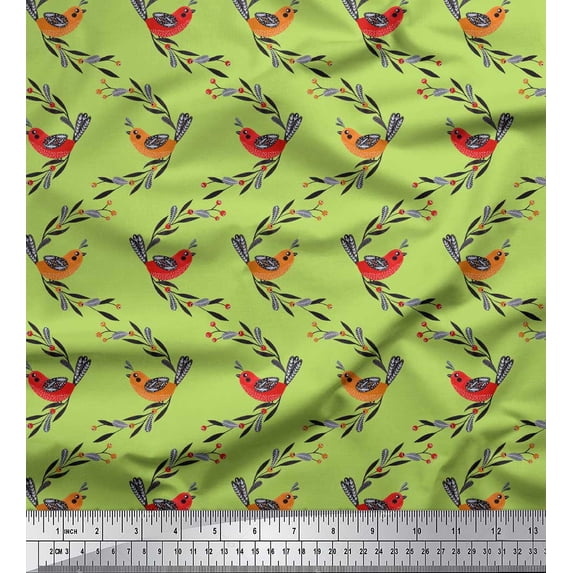 Soimoi Green Silk Fabric Leaves,Berries & Bird Folk Art Printed Fabric 1 Yard 42 Inch Wide
