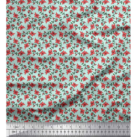 Soimoi Green Silk Fabric Leaves & Bunchberry Floral Print Fabric by Yard 44 Inch Wide
