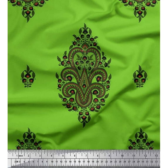 Soimoi Green Silk Fabric Leaves & Floral Block Decor Fabric Printed Yard 42 Inch Wide
