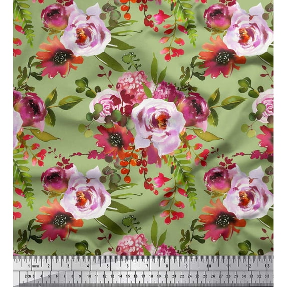 Soimoi Green Silk Fabric Leaves & Peony Floral Print Fabric by the Yard 42 Inch Wide