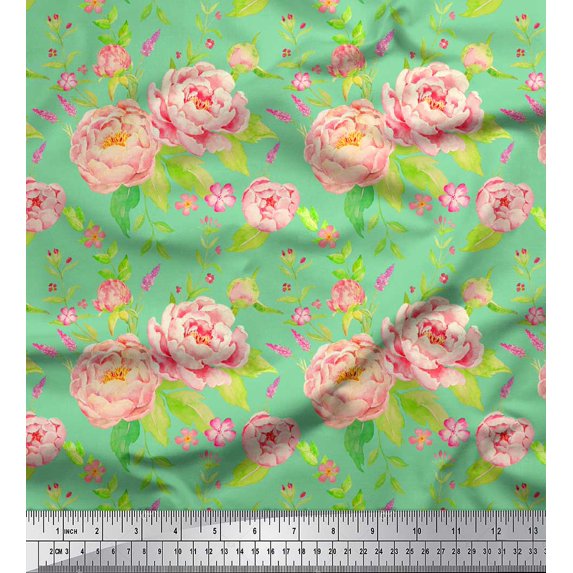 Soimoi Green Silk Fabric Leaves & Peony Floral Print Sewing Fabric Yard 42 Inch Wide