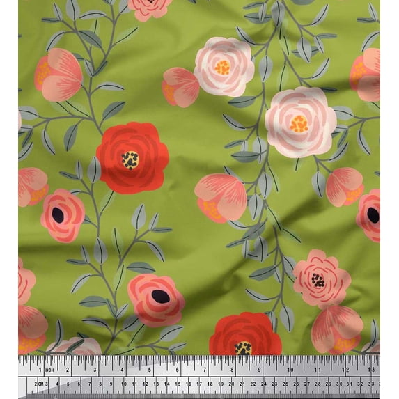 Soimoi Green Silk Fabric Leaves & Ranunculus Floral Printed Craft Fabric by the Yard 42 Inch Wide