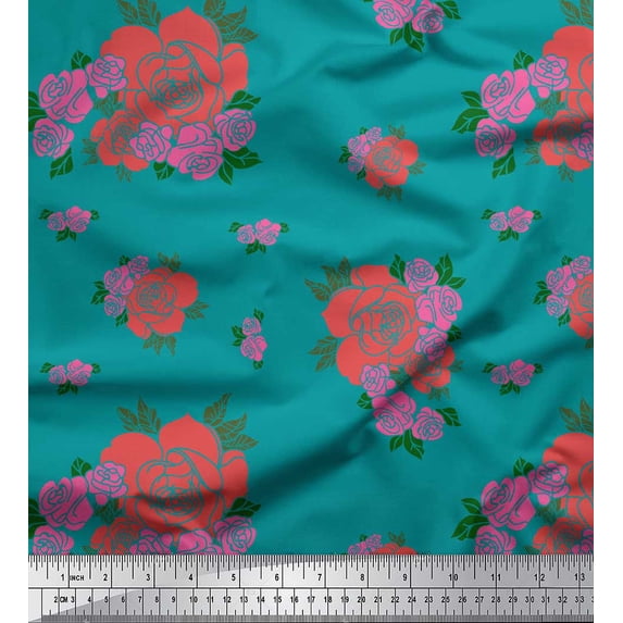 Soimoi Green Silk Fabric Leaves & Rose Floral Printed Fabric 1 Yard 42 Inch Wide