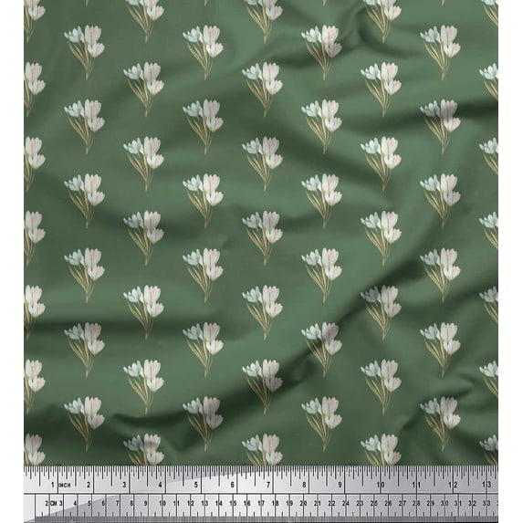 Soimoi Green Silk Fabric Leaves & Tulip Floral Fabric Prints By Yard 42 Inch Wide
