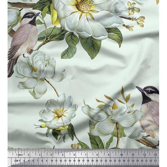 Soimoi Green Silk Fabric Leaves,White Floral & Bird Printed Fabric 1 Yard 42 Inch Wide