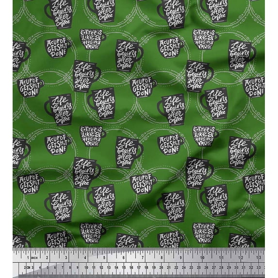 Soimoi Green Silk Fabric Life Begins After Coffee Text Printed Fabric 1 Yard 42 Inch Wide