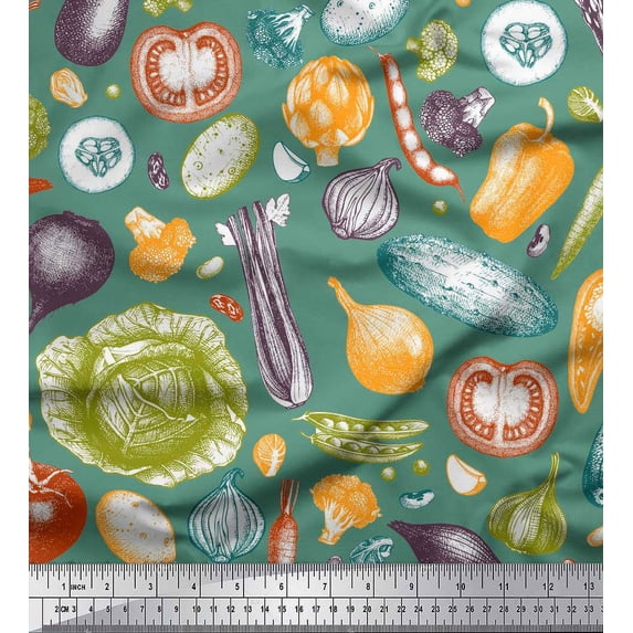 Soimoi Green Silk Fabric Mixed Vegetable Print Fabric by the Yard 42 Inch Wide
