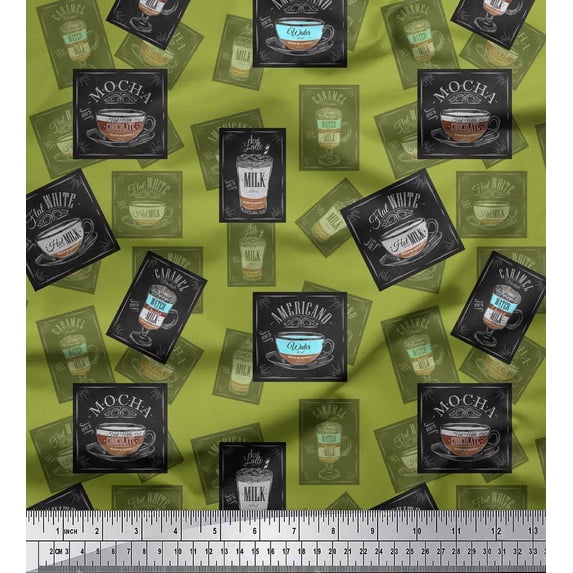 Soimoi Green Silk Fabric Mocha & Caramel Coffee Beverages Decor Fabric Printed Yard 42 Inch Wide