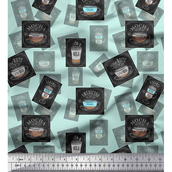 Soimoi Green Silk Fabric Mocha & Caramel Coffee Beverages Printed Fabric 1 Yard 42 Inch Wide