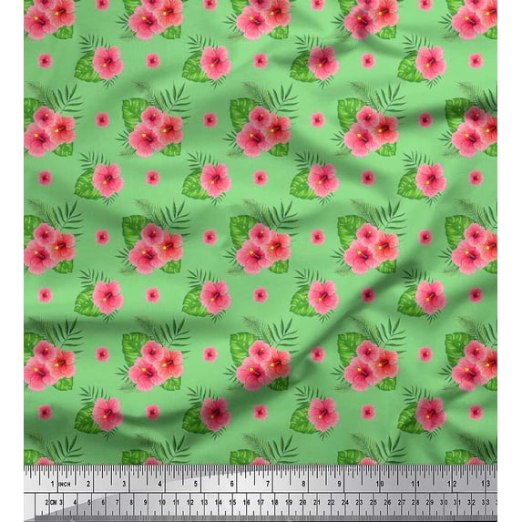 Soimoi Green Silk Fabric Monstera Leaf & Floral Printed Craft Fabric by the Yard 44 Inch Wide