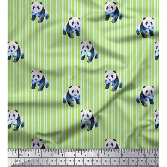 Soimoi Green Silk Fabric Panda & Stripe Decor Fabric Printed Yard 42 Inch Wide