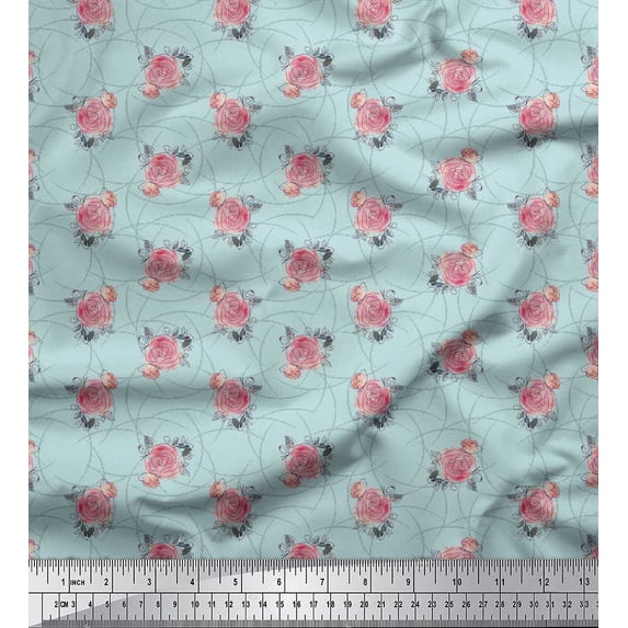 Soimoi Green Silk Fabric Peach Rose Watercolor Printed Fabric 1 Yard 44 Inch Wide