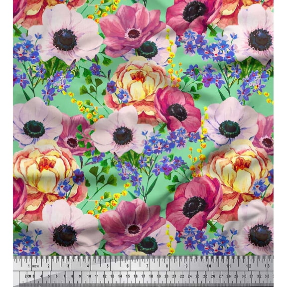 Soimoi Green Silk Fabric Peony & Anemone Floral Decor Fabric Printed Yard 42 Inch Wide