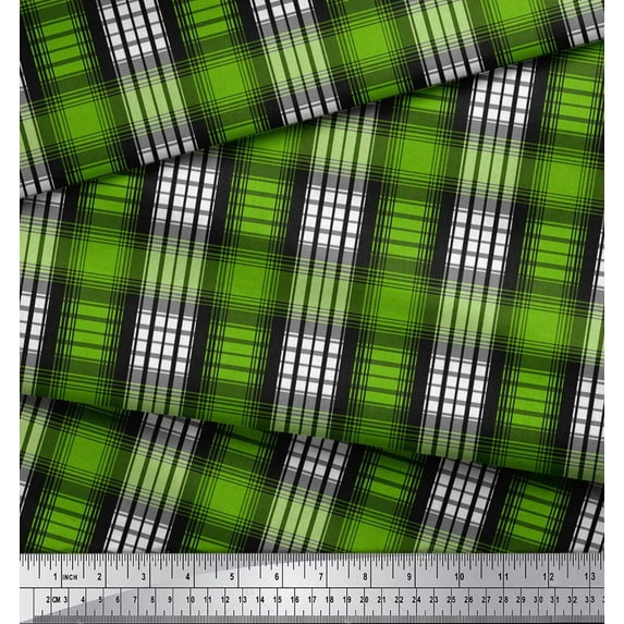 Soimoi Green Silk Fabric Plaid Check Print Sewing Fabric Yard 42 Inch Wide