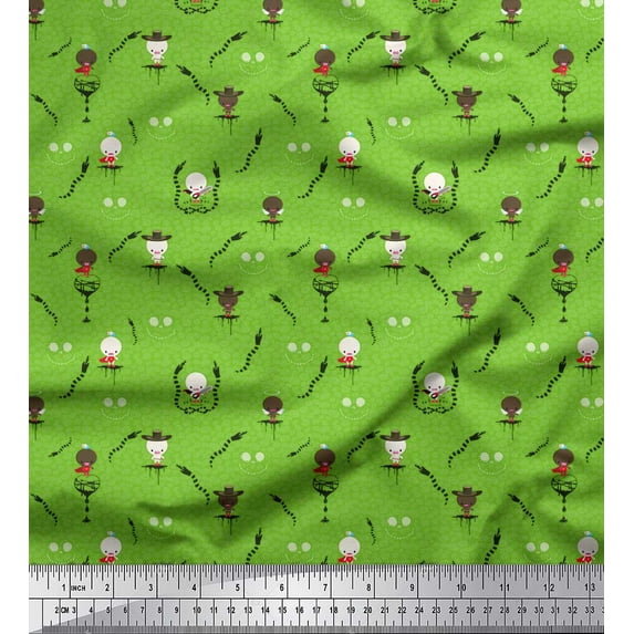 Soimoi Green Silk Fabric Pumpkin,Snake & Devil Cartoon Print Fabric by Yard 42 Inch Wide