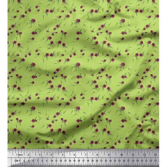 Soimoi Green Silk Fabric Rose Floral Printed Craft Fabric by the Yard 44 Inch Wide