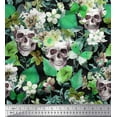 thumbnail image 1 of Soimoi Green Silk Fabric Skull & Anemone Flower Print Sewing Fabric BTY 42 Inch Wide, 1 of 1