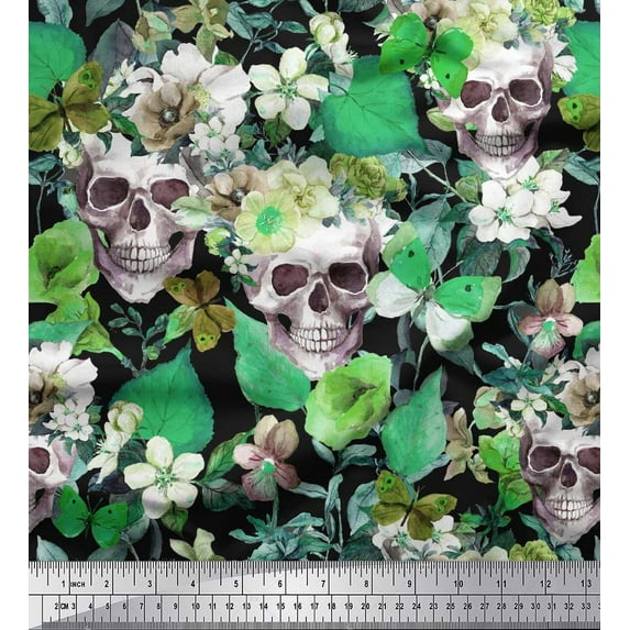 Soimoi Green Silk Fabric Skull & Anemone Flower Print Sewing Fabric BTY 42 Inch Wide