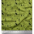 thumbnail image 1 of Soimoi Green Silk Fabric Snowman & House Architectural Printed Fabric 1 Yard 42 Inch Wide, 1 of 3