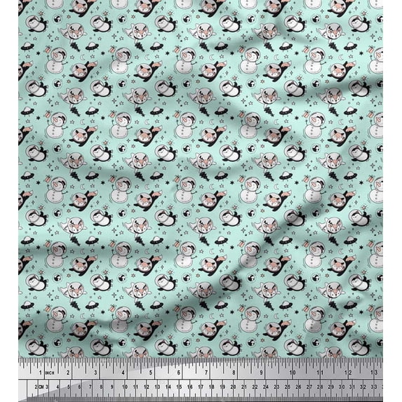 Soimoi Green Silk Fabric Snowman & Penguin Cartoon Print Sewing Fabric Yard 42 Inch Wide