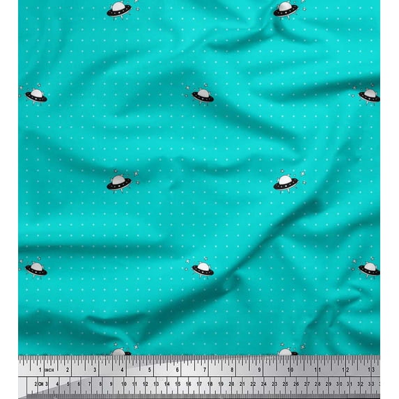 Soimoi Green Silk Fabric Spaceship & Star Dots Print Sewing Fabric Yard 42 Inch Wide