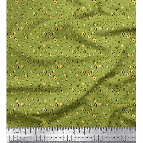 Soimoi Green Silk Fabric Square & Triangle Geometric Printed Craft Fabric by the Yard 42 Inch Wide