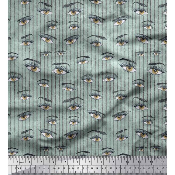 Soimoi Green Silk Fabric Stripe & Eyes Face Print Sewing Fabric Yard 42 Inch Wide