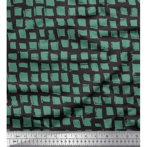 Soimoi Green Silk Fabric Stripe & Square Geometric Print Fabric by the Yard 42 Inch Wide