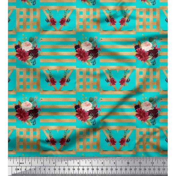 Soimoi Green Silk Fabric Stripes & Baccara Rose Floral Print Print Fabric By the Yard 44 Inch Wide