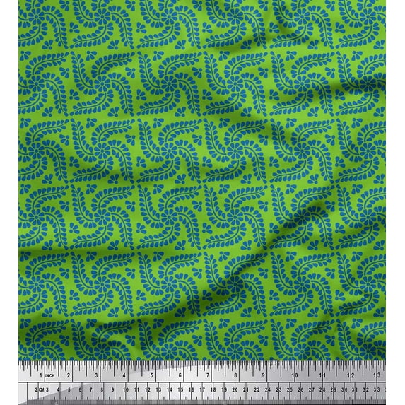 Soimoi Green Silk Fabric Talavera Poblana Ethnic Print Fabric by the Yard 42 Inch Wide