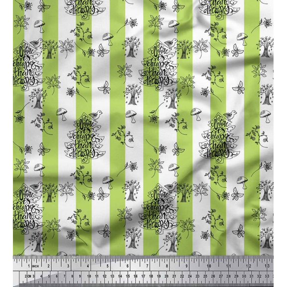 Soimoi Green Silk Fabric Text & Tree Stripe Printed Fabric 1 Yard 42 Inch Wide