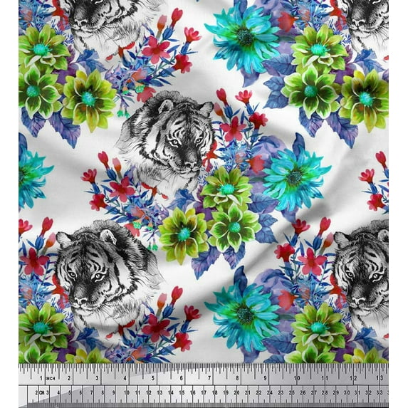 Soimoi Green Silk Fabric Tiger Face,Leaves & Floral Fabric Prints by Yard 42 Inch Wide