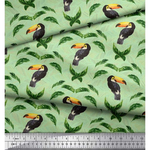 Soimoi Green Silk Fabric Toucan & Leaf Bird Decor Fabric Printed Yard 44 Inch Wide