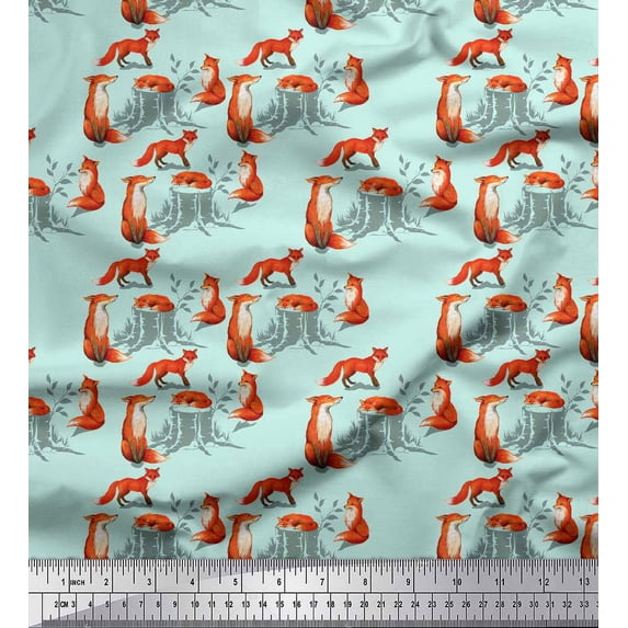 Soimoi Green Silk Fabric Tree Stump & Fox Animal Decor Fabric Printed Yard 42 Inch Wide