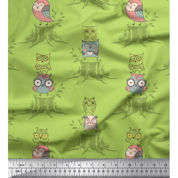 Soimoi Green Silk Fabric Tree Stump & Owl Cartoon Decor Fabric Printed Yard 42 Inch Wide