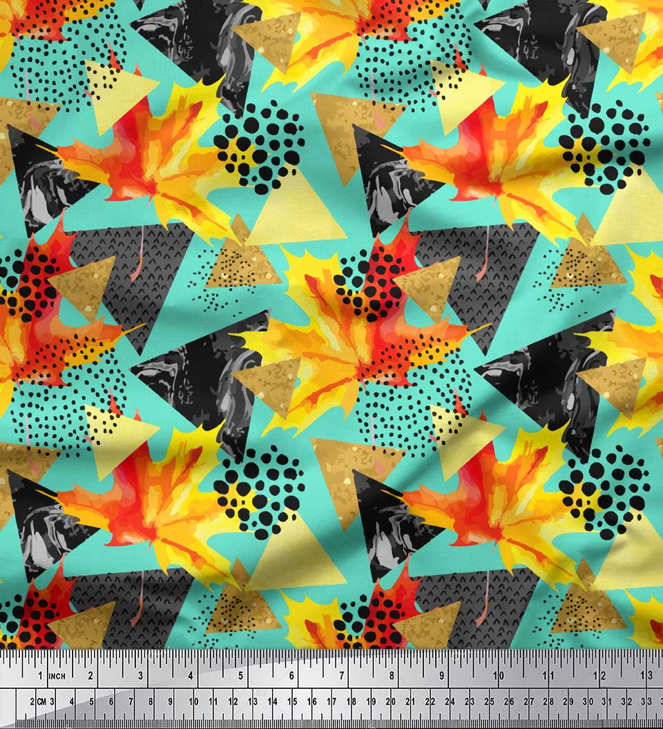 Soimoi Green Silk Fabric Triangle,Autumn Leaves & Brush Stroke Abstract Print Fabric by the Yard 42 Inch Wide