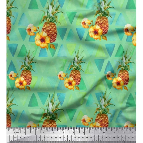 Soimoi Green Silk Fabric Triangle & Pine Fruits Printed Fabric 1 Yard 42 Inch Wide