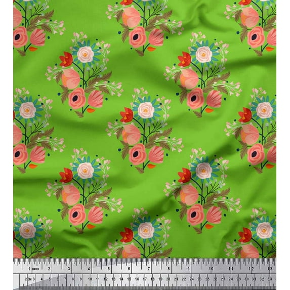 Soimoi Green Velvet Fabric Artistic Leaf & Floral Print Fabric by the Yard 58 Inch Wide