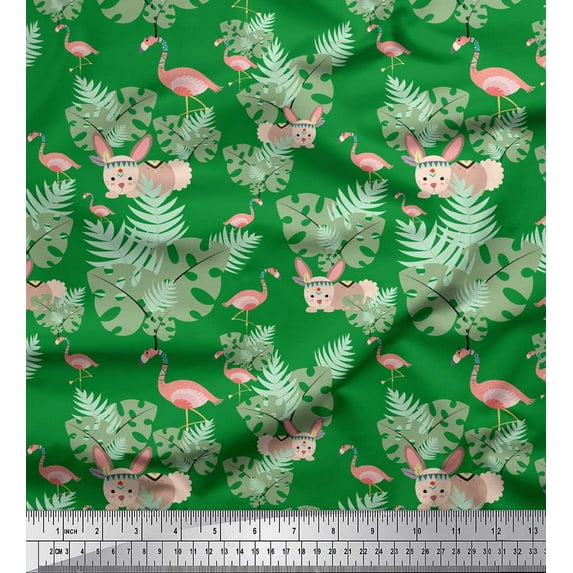 Soimoi Green Velvet Fabric Bunny Rabbit & Flamingo Bird Printed Craft Fabric by the Yard 60 Inch Wide