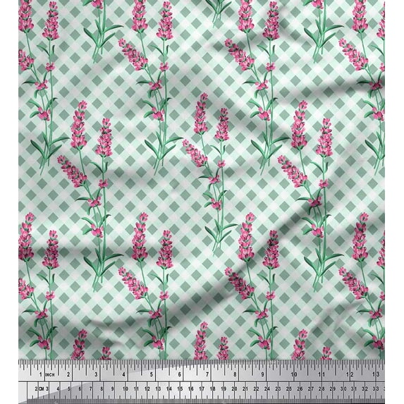 Soimoi Green Velvet Fabric Check,Leaves & Pink Floral Print Fabric by The Yard 58 Inch Wide