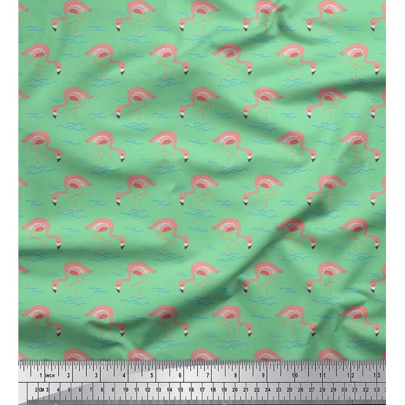 Soimoi Green Velvet Fabric Flamingo Bird Print Sewing Fabric Yard 58 Inch Wide