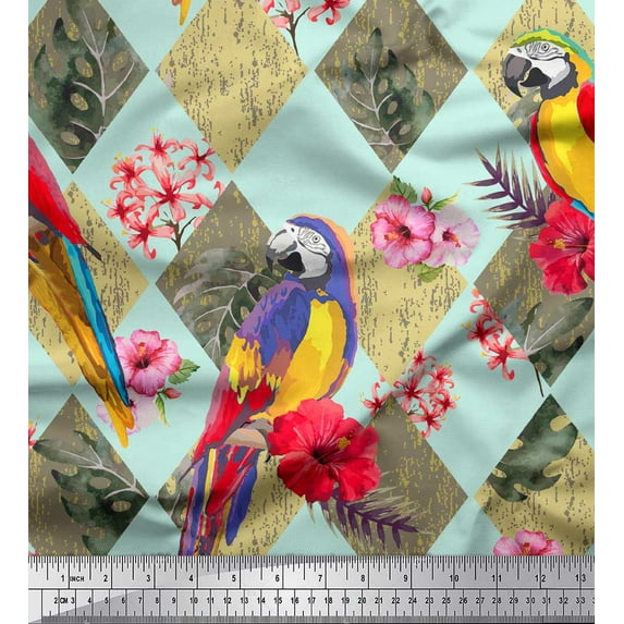 Soimoi Green Velvet Fabric Floral Tropical Bird Print Fabric by Yard 60 Inch Wide