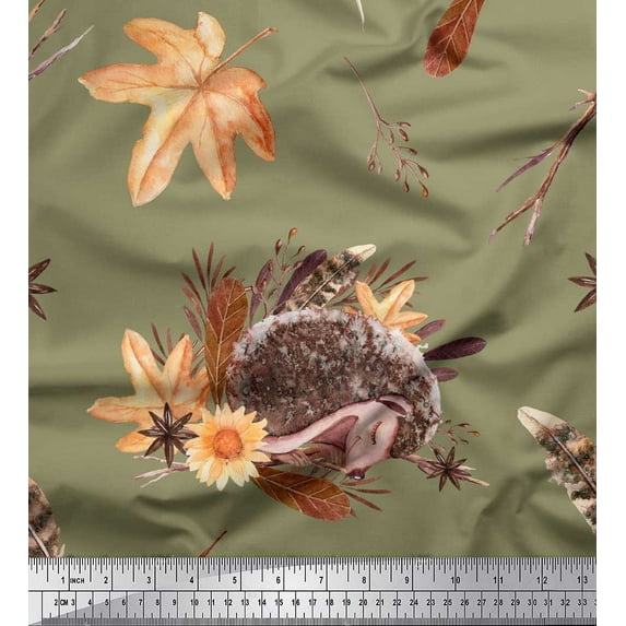 Soimoi Green Velvet Fabric Leaves & Hedgehog Animal Printed Craft Fabric by the Yard 58 Inch Wide