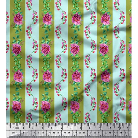 Soimoi Green Velvet Fabric Leaves,Pink Flower & Stripe Decor Fabric Printed BTY 58 Inch Wide