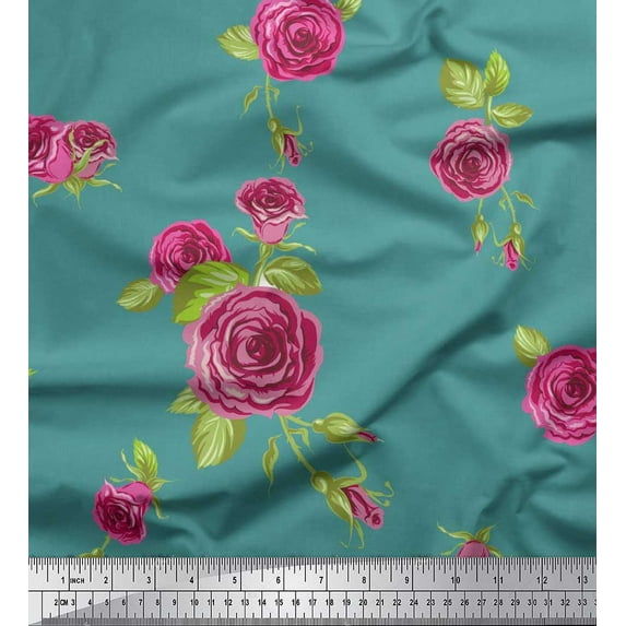Soimoi Green Velvet Fabric Leaves & Pink Rose Flower Printed Craft Fabric by The Yard 58 Inch Wide