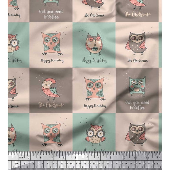 Soimoi Green Velvet Fabric Text & Owl Cartoon Printed Craft Fabric by the Yard 58 Inch Wide