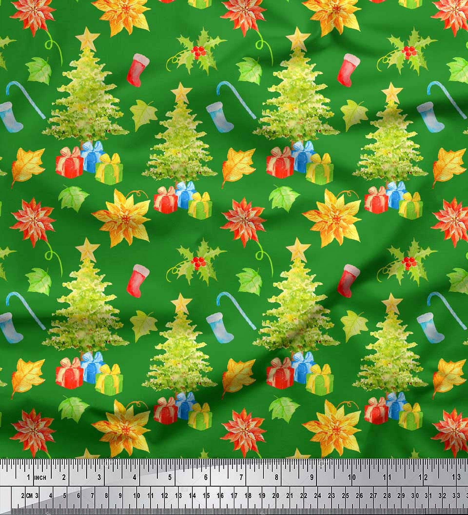 Soimoi Green Viscose Chiffon Fabric Gifts & Christmas Tree Print Sewing Fabric Yard 42 Inch Wide