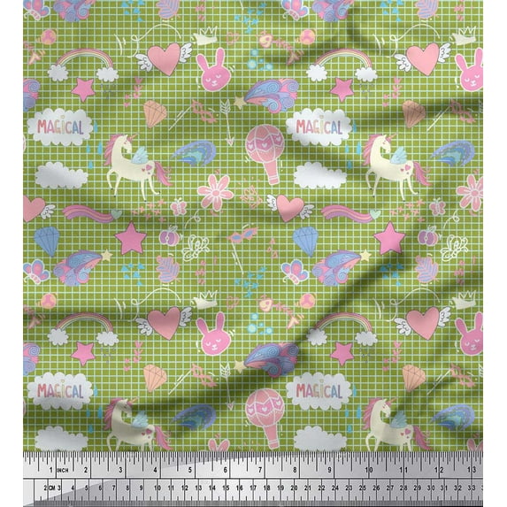 Soimoi Green Viscose Chiffon Fabric Heart & Unicorn Kids Print Fabric by the Yard 42 Inch Wide