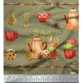 thumbnail image 1 of Soimoi Green Viscose Chiffon Fabric Kettle & Cups Kitchen Print Fabric by the Yard 42 Inch Wide, 1 of 3