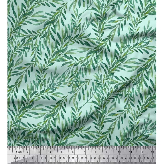 Soimoi Green Viscose Chiffon Fabric Laurel Leaves Print Fabric by the Yard 42 Inch Wide